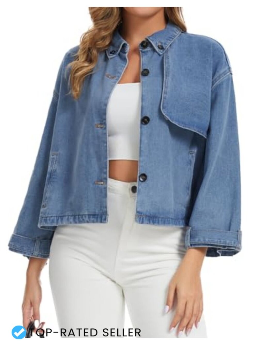 Cotton Blend Denim Jacket Button Down Long Sleeve Cropped Shacket